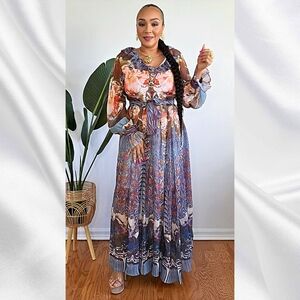 Long Sleeve V-neck Ruffle Multi Brown Print Maxi Dress